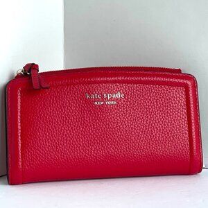 Kate Spade Knott Bifold Wallet Womens Red Leather Slim Zip Pocket Snap Billfold